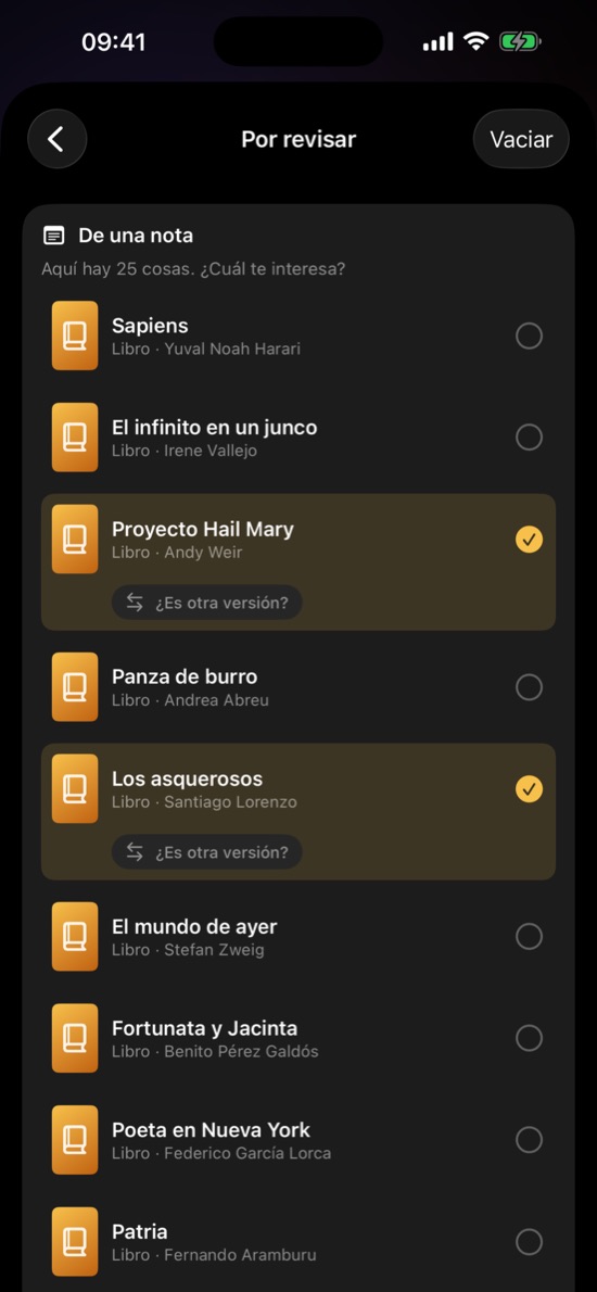 Por revisar: en una nota hay 25 libros y Tuck pregunta cuáles te interesan